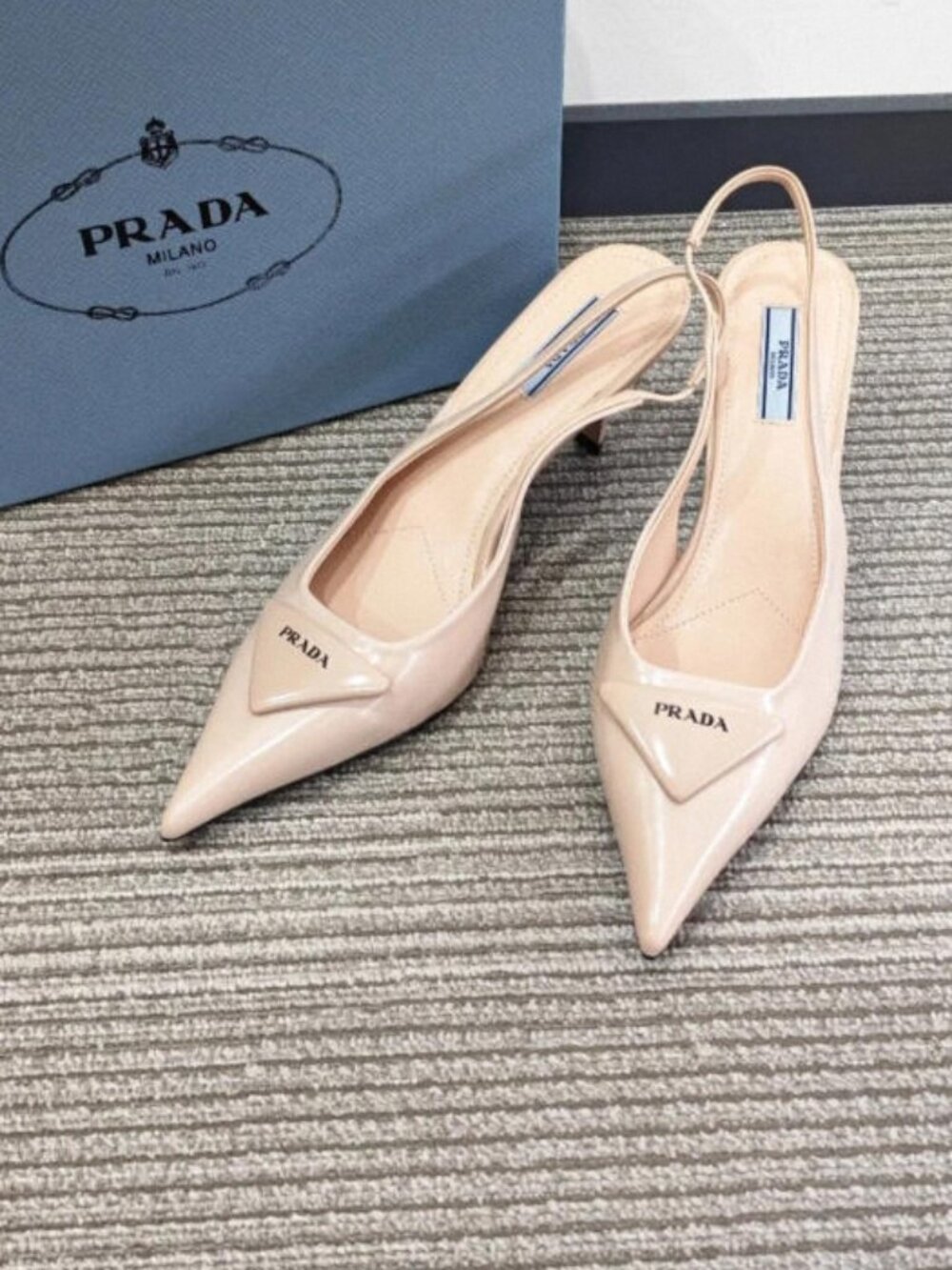 Prada Nude Patent Leather Triangle Logo Slingback Heels – With Original Box